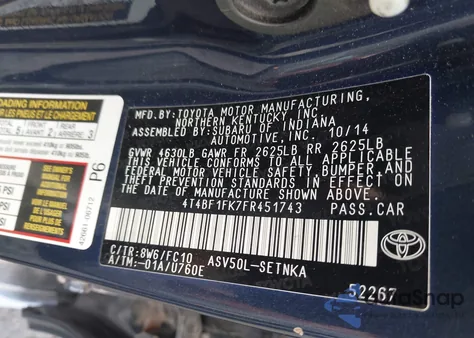 2015 Toyota Camry Le из США, поврежденный, VIN 4T4BF1FK7FR451743